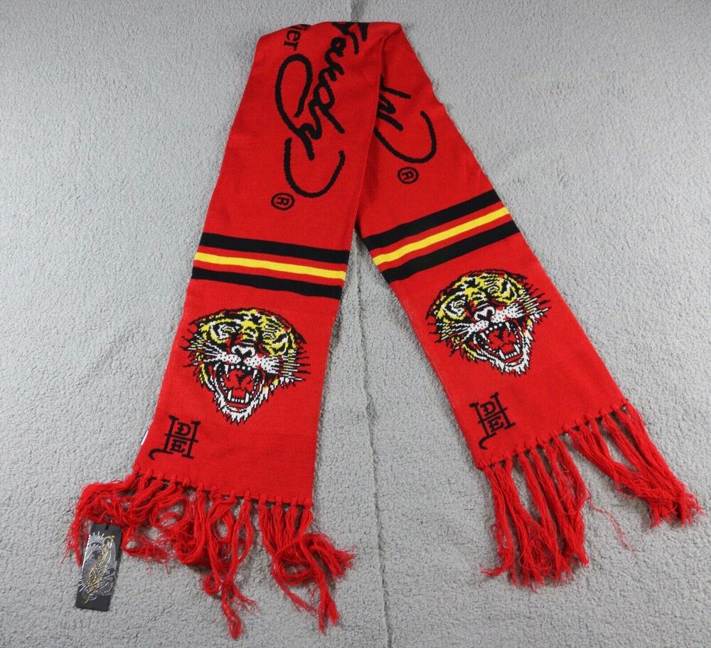 New Ed Hardy By Christian Audigier Scarf Red Tiger Multicolor Logo Tassel 72"